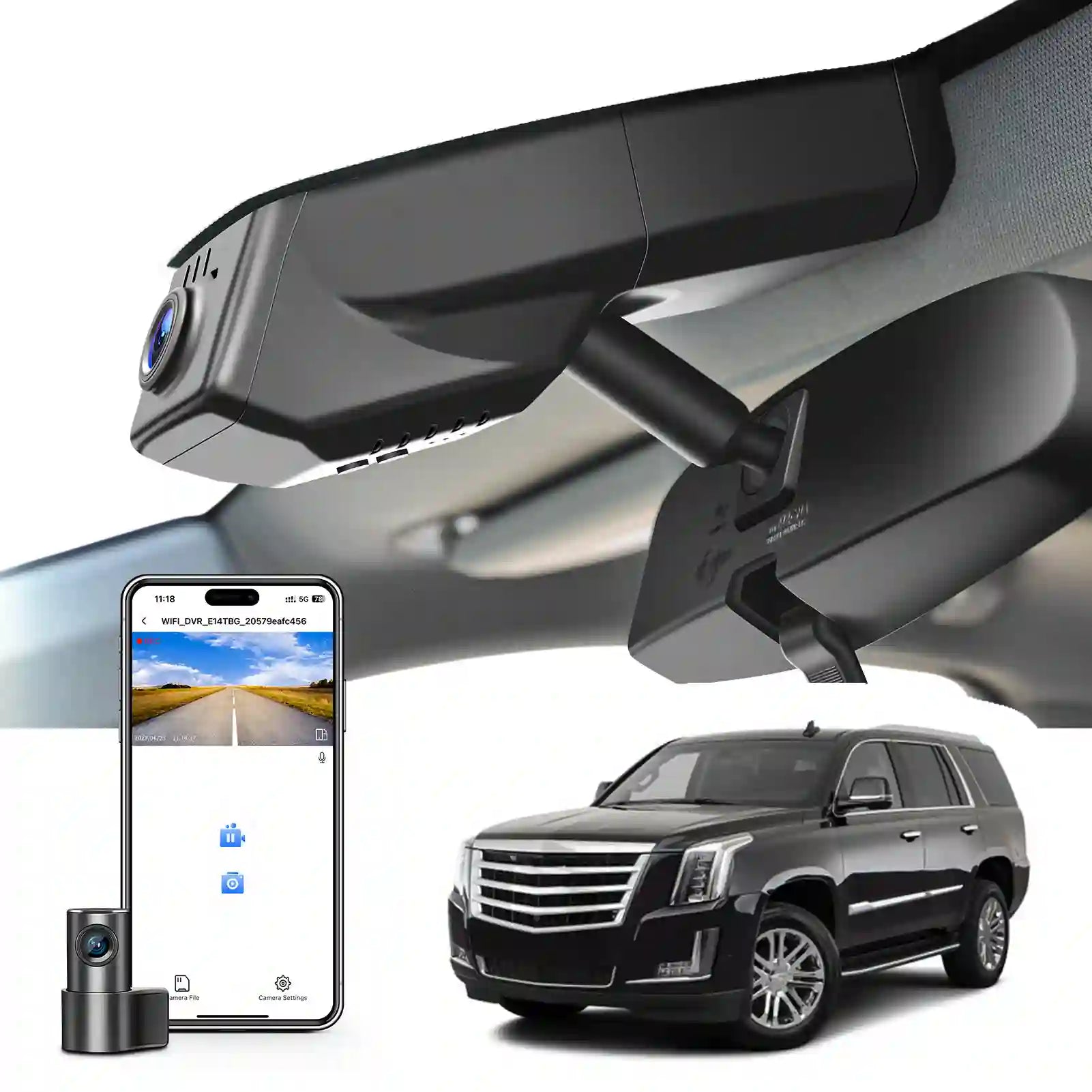 Mangoal Caméra de tableau de bord avant 4K et arrière 1080p sur mesure pour Cadillac Escalade/Escalade ESV 2015-2020 (modèle C), base standard premium luxe platine, vidéo UHD 2160p, WiFi et application, carte 128 Go